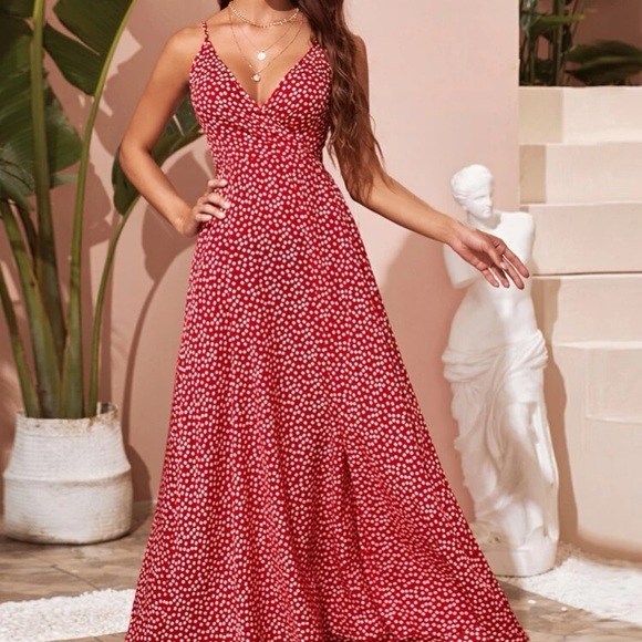 Boho red floral print open tie back back maxi dress - Picture 3 of 5